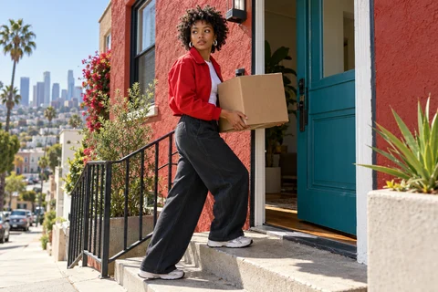 A woman in a red jacket carrying a moving box