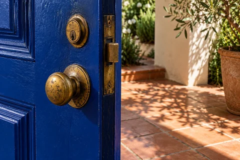A blue front door opening onto a sunlit entrance