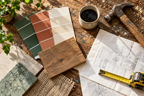 Paint samples and renovation tools on a workbench