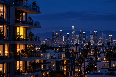 Apartment buildings and city lights at dusk