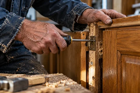 A worker's hands repairing a wooden cabinet