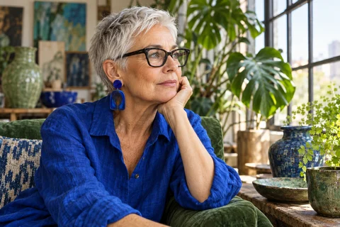 An older woman in a blue shirt beside a window