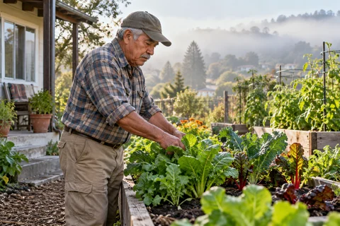 An older man tending a vegetable garden