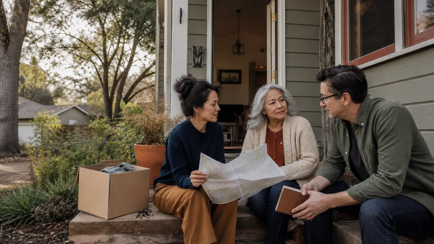 A family and housing professional discussing a move together on the front porch