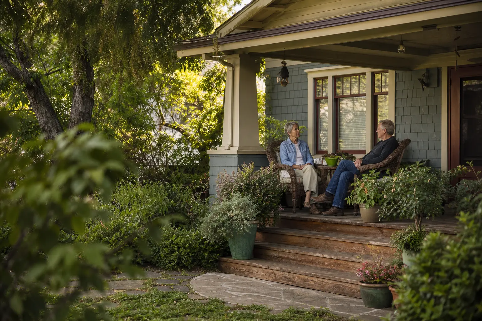 Older homeowners talking on the porch of their long-time home
