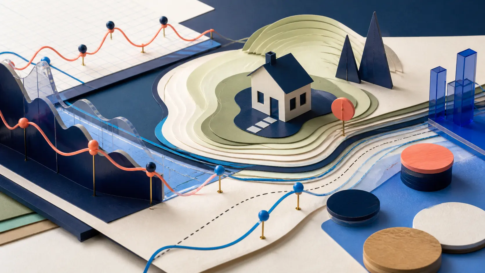 Tactile editorial market desk with housing and economic signals