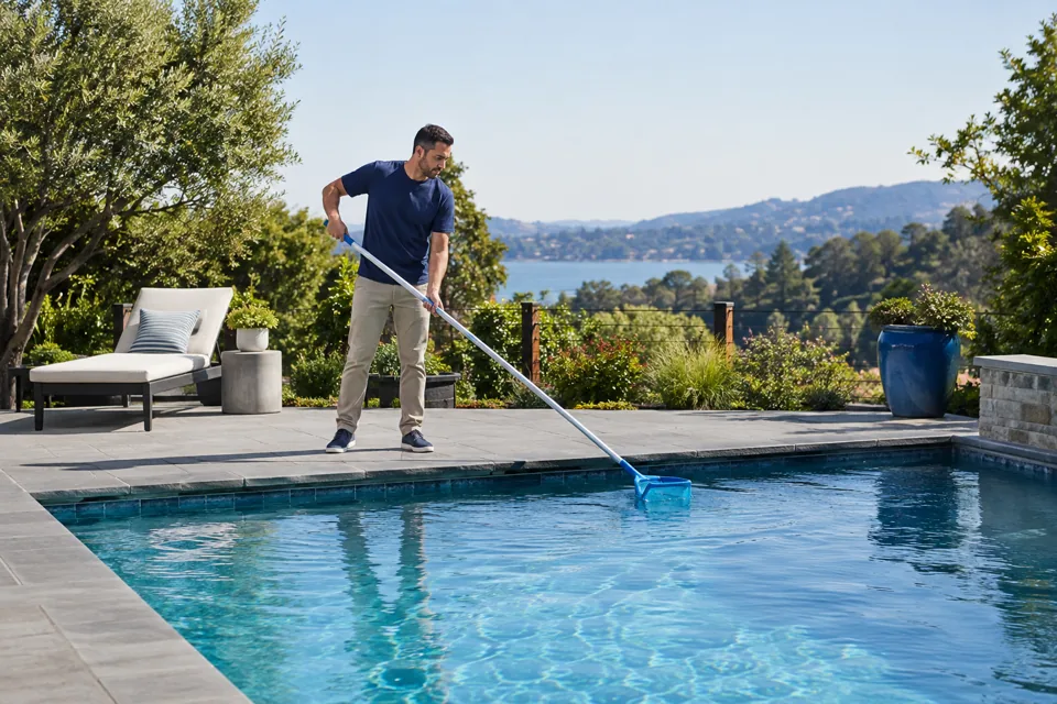Un profesional limpiando una piscina