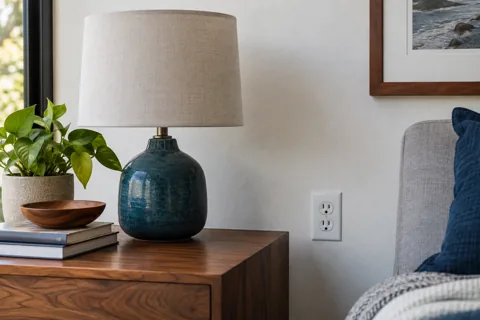 A lamp and wall outlet in a living room