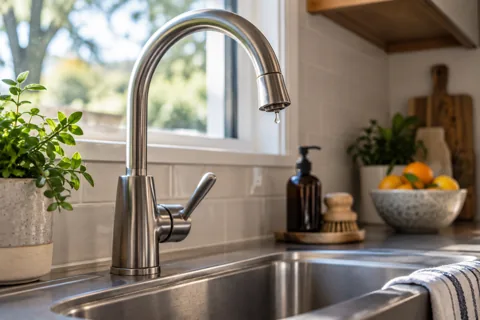 A kitchen faucet and sink