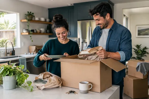 A couple unpacking in their new kitchen