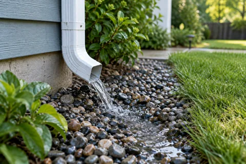 A downspout directing rainwater onto a stone drainage bed
