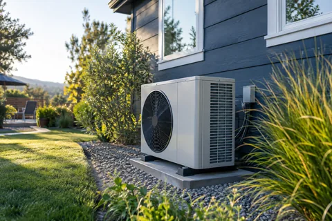 An outdoor heat pump beside a home