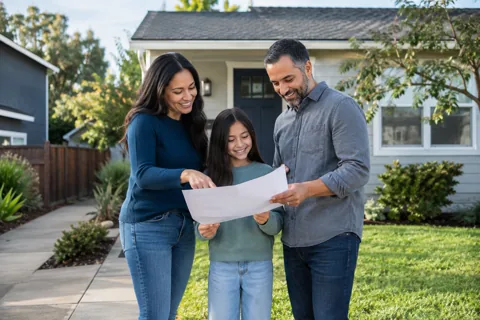 A family reviewing their emergency plan outside