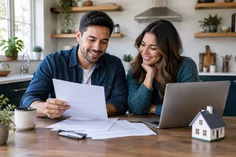 Two homeowners reviewing documents together