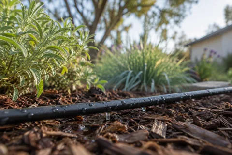 Drip irrigation watering a planted garden bed