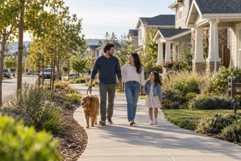 Illustration of people walking through a neighborhood, not Placer One