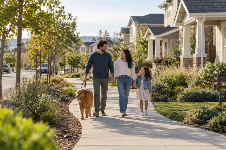 Una familia caminando por un nuevo barrio ilustrativo