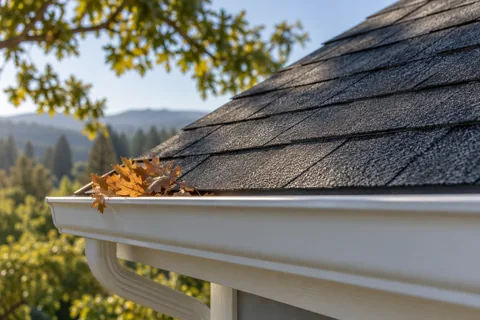 A shingle roof and clean gutter in autumn