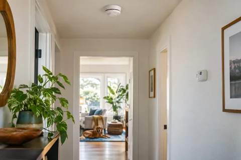 An alarm mounted on a hallway ceiling