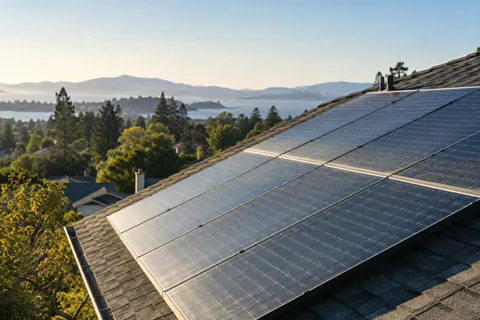 Solar panels overlooking a green valley