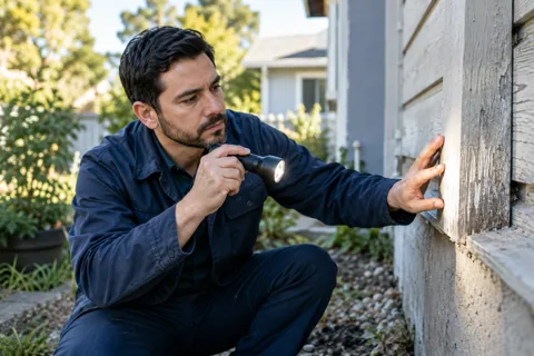 A professional inspecting exterior wood