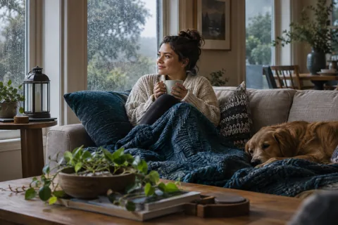 A homeowner staying warm indoors
