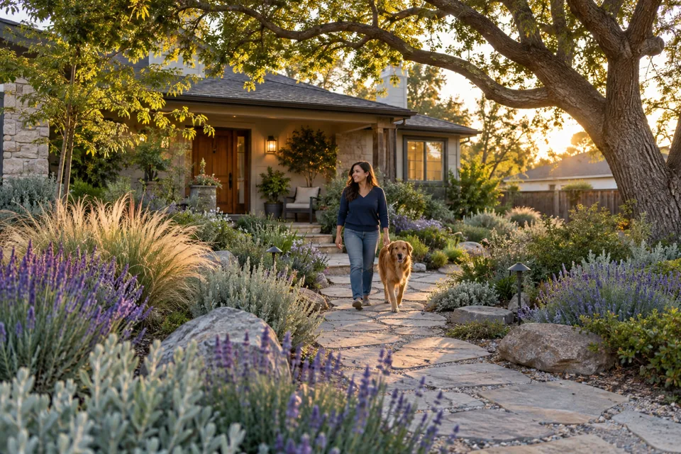 Un sendero rodeado de plantas en un jardín delantero