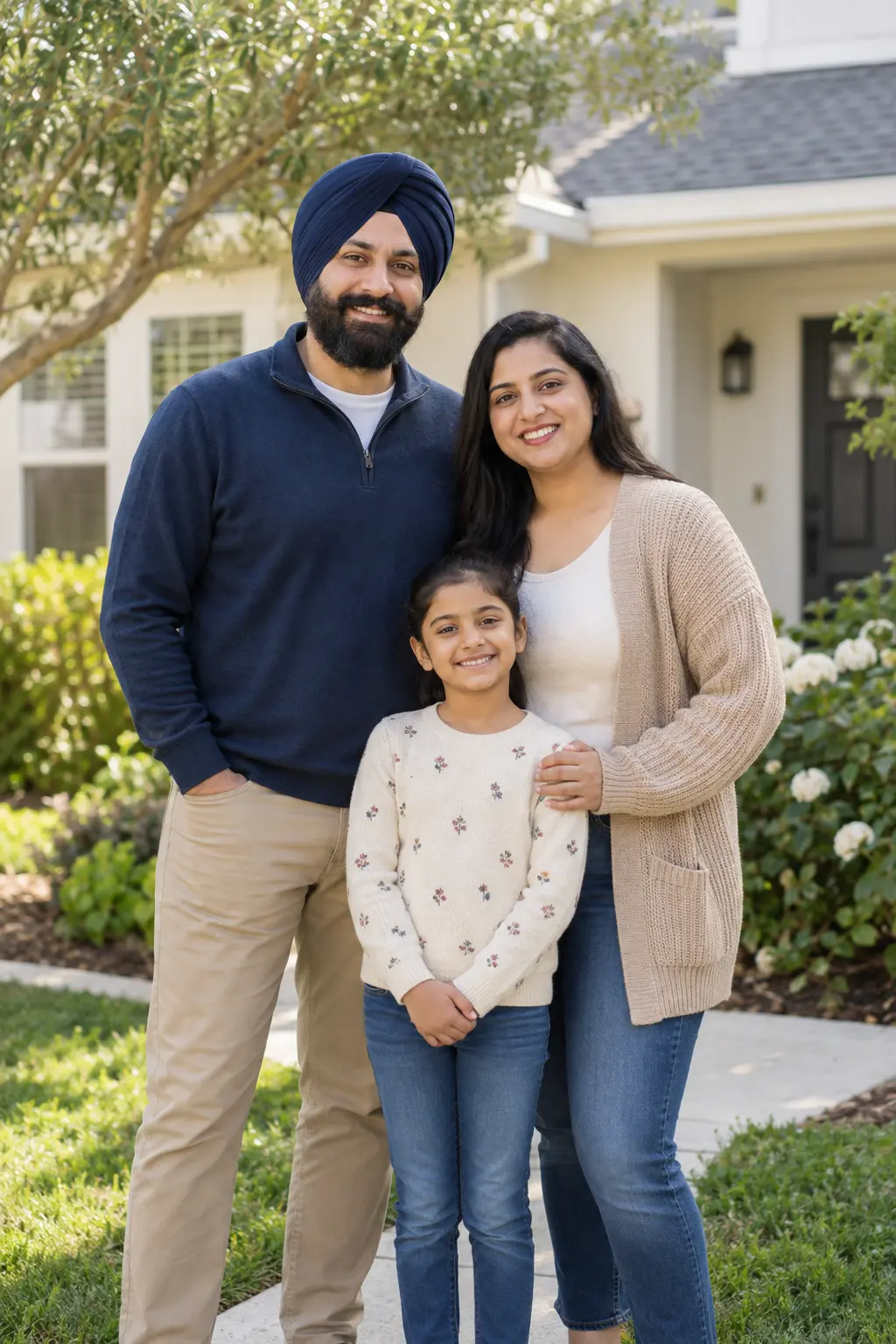 ਘਰ ਦੇ ਬਾਹਰ ਇਕੱਠੇ ਖੜ੍ਹੇ ਇੱਕ ਪਰਿਵਾਰ ਦੀ AI ਨਾਲ ਬਣਾਈ ਗਈ ਤਸਵੀਰ