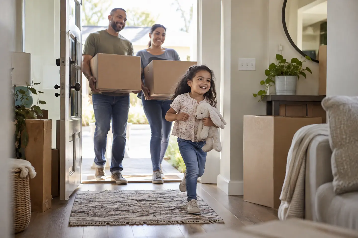 A family carrying moving boxes into a home