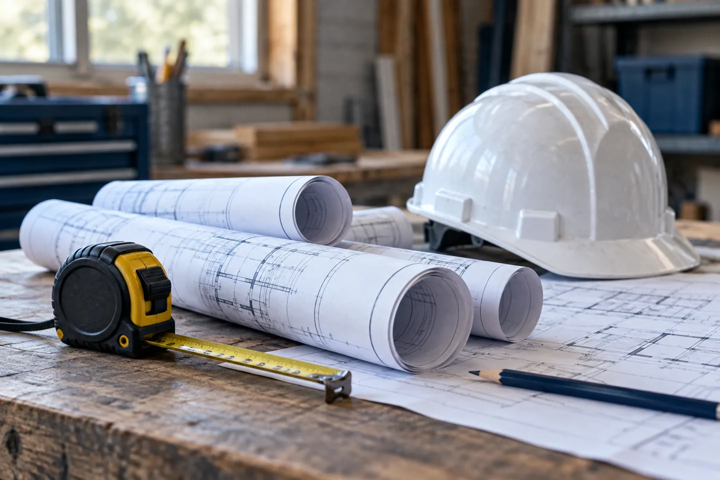 A hard hat and measuring tools beside architectural plans.