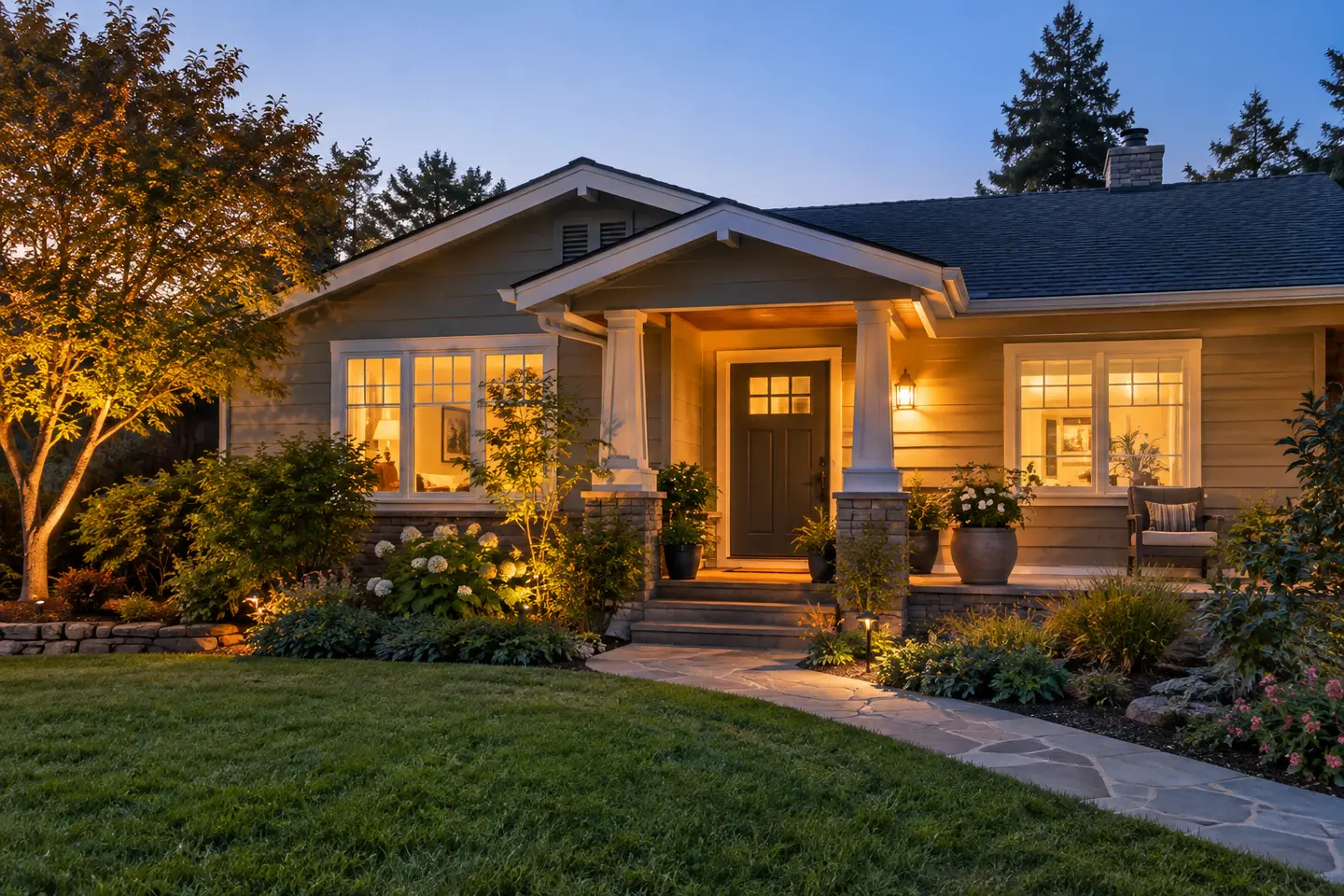 A well-maintained home with warm windows at dusk