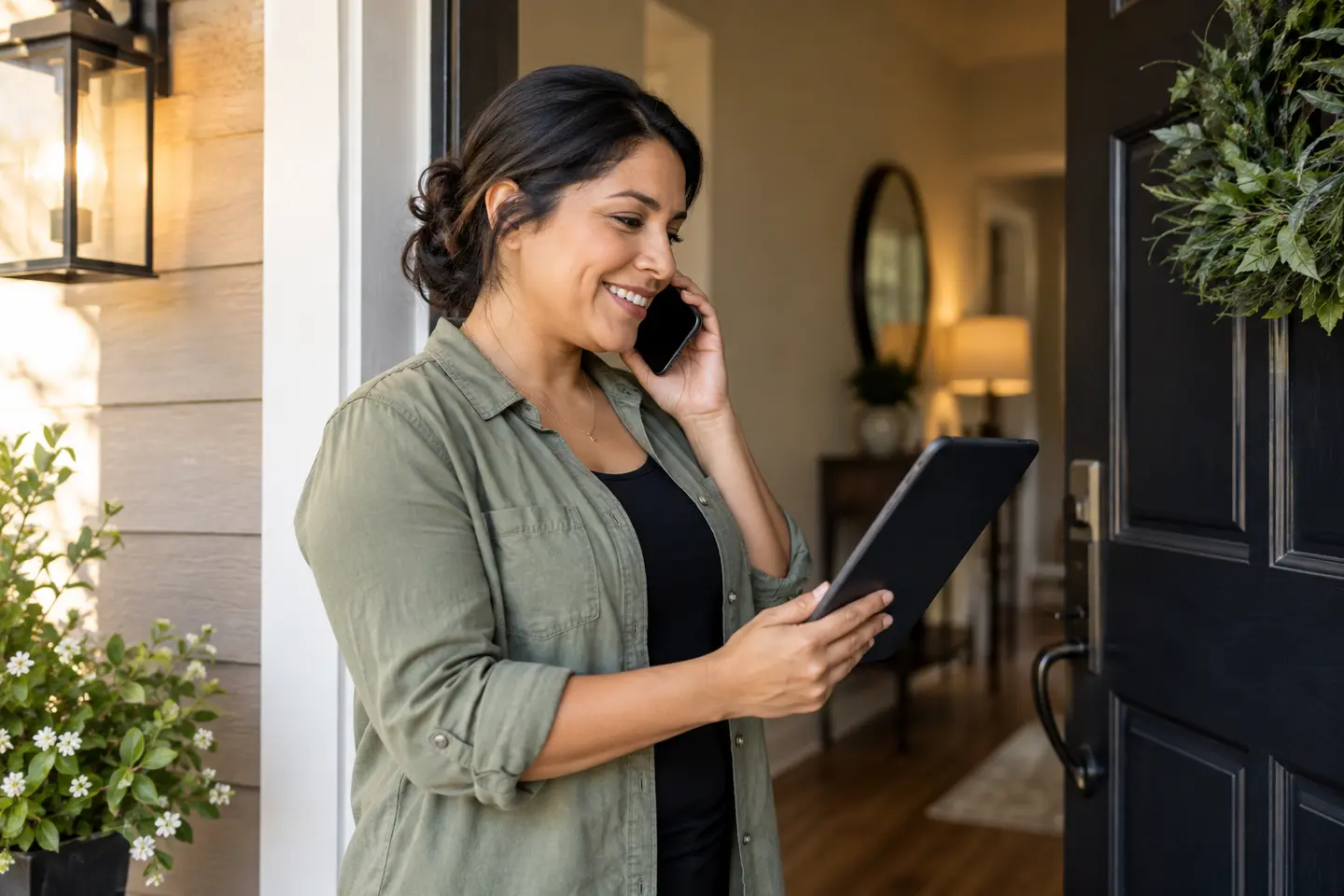 A woman using a tablet while speaking by phone at her doorway
