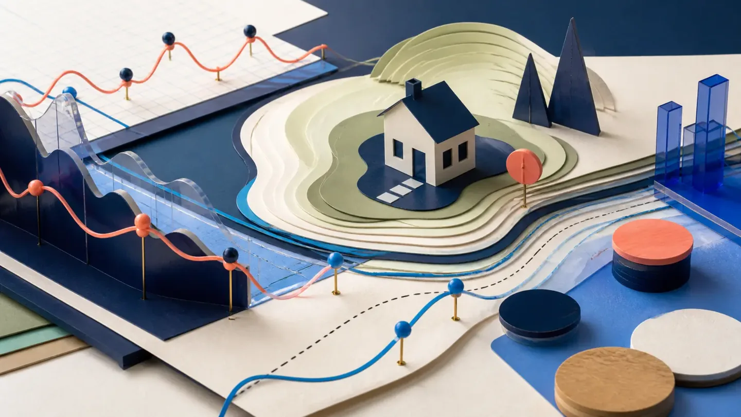 Tactile editorial market desk with housing and economic signals