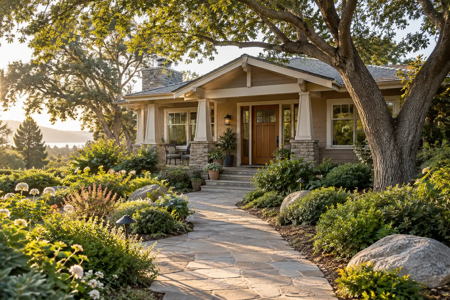 A California home in morning sunlight