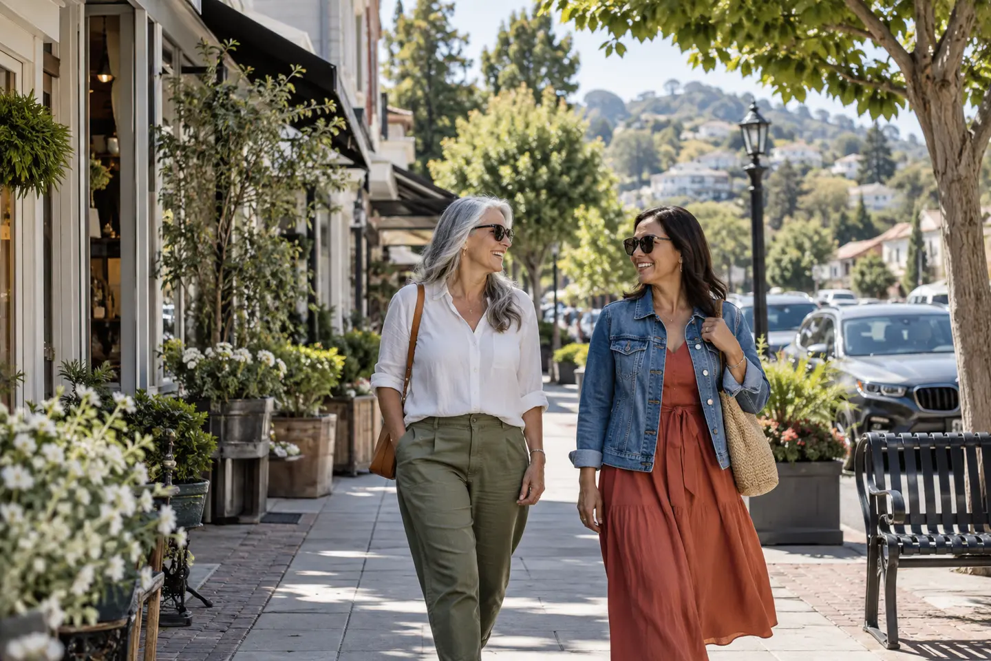 Two women exploring a leafy foothill town