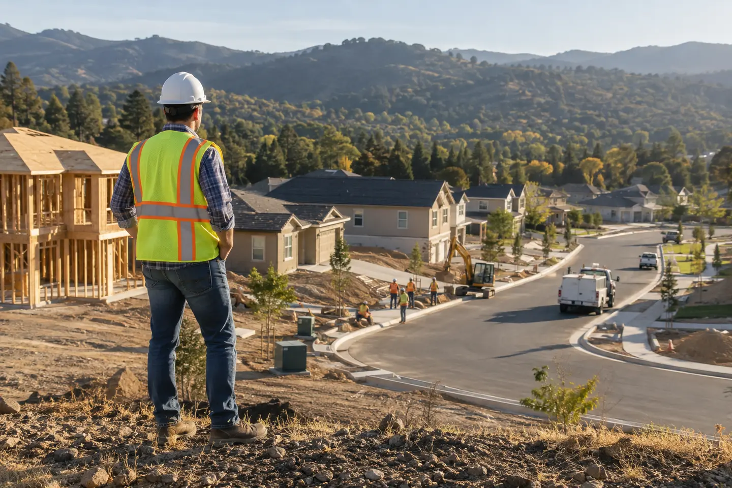 An engineer overlooking homes and street construction