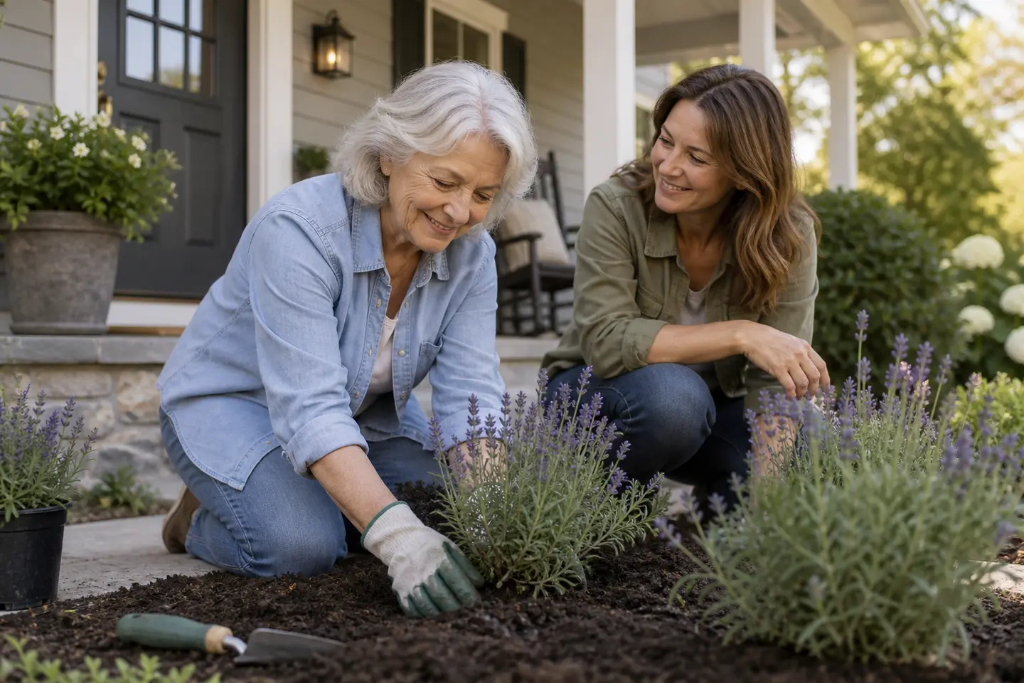 An older woman and her daughter tending a garden beside a home