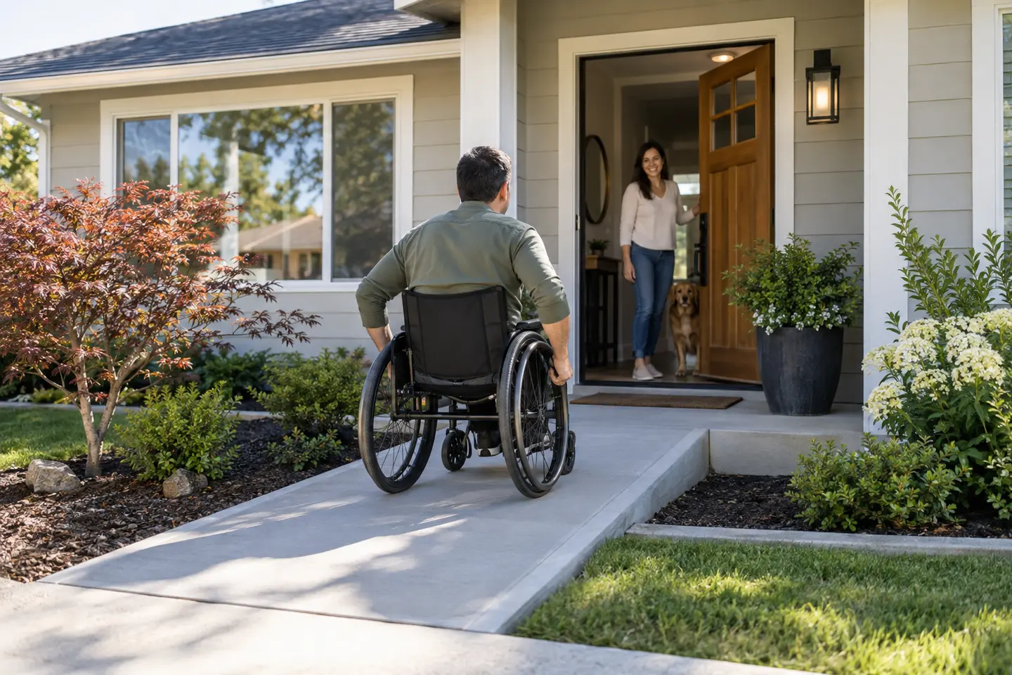 A wheelchair user approaching an accessible home entrance