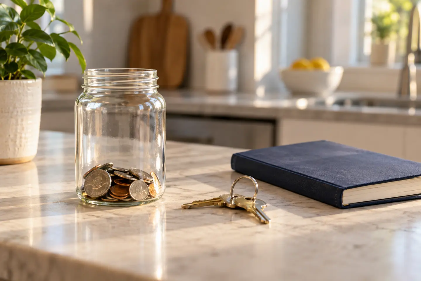 A savings jar, house keys and a closed notebook
