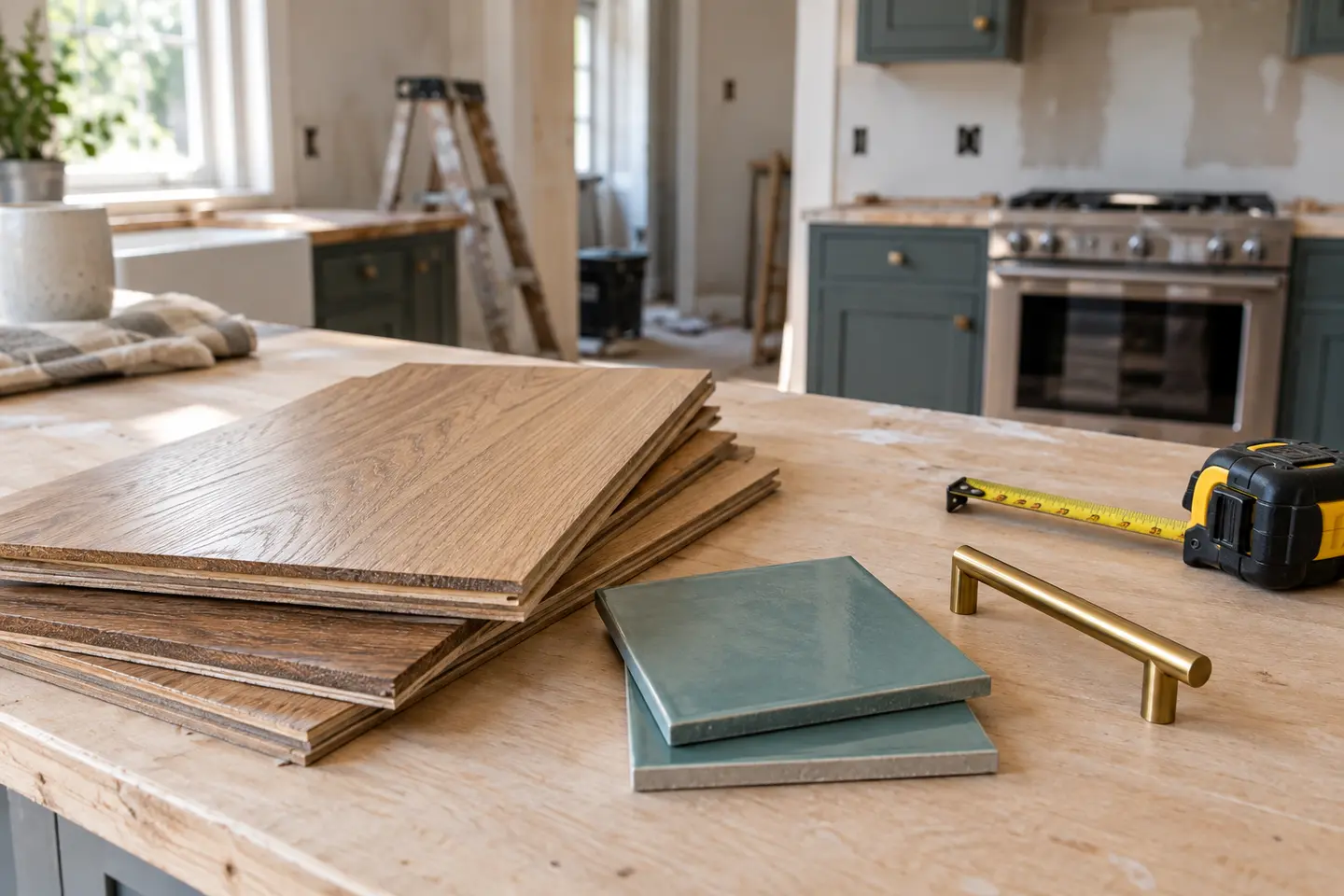 Flooring and tile samples with a tape measure and cabinet handle