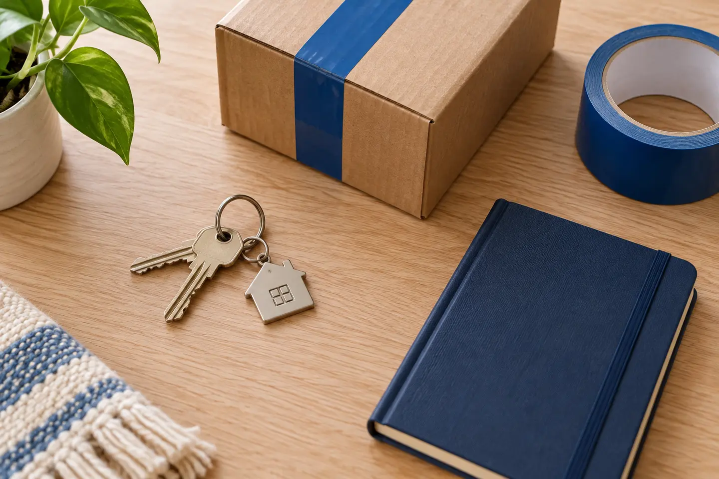 Moving supplies, house keys and a closed notebook