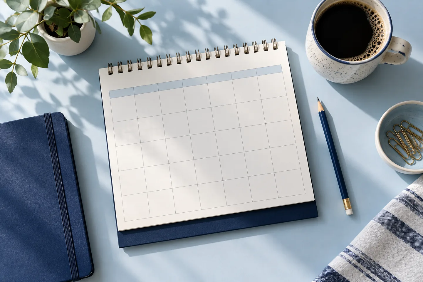 An open calendar, pencil and coffee cup on a desk.