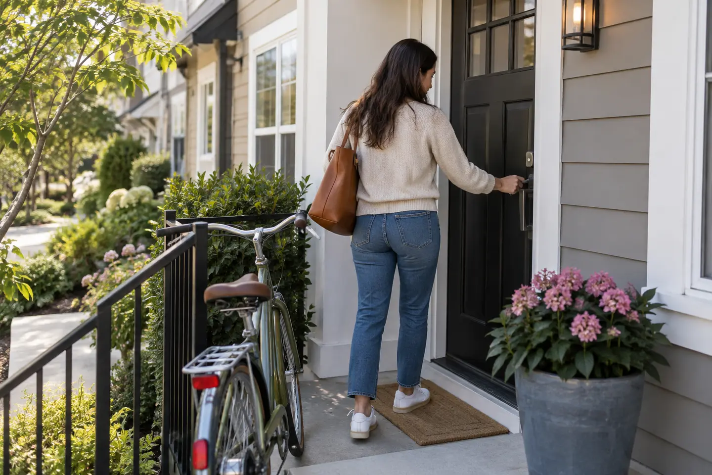 A woman unlocking the door of a starter home