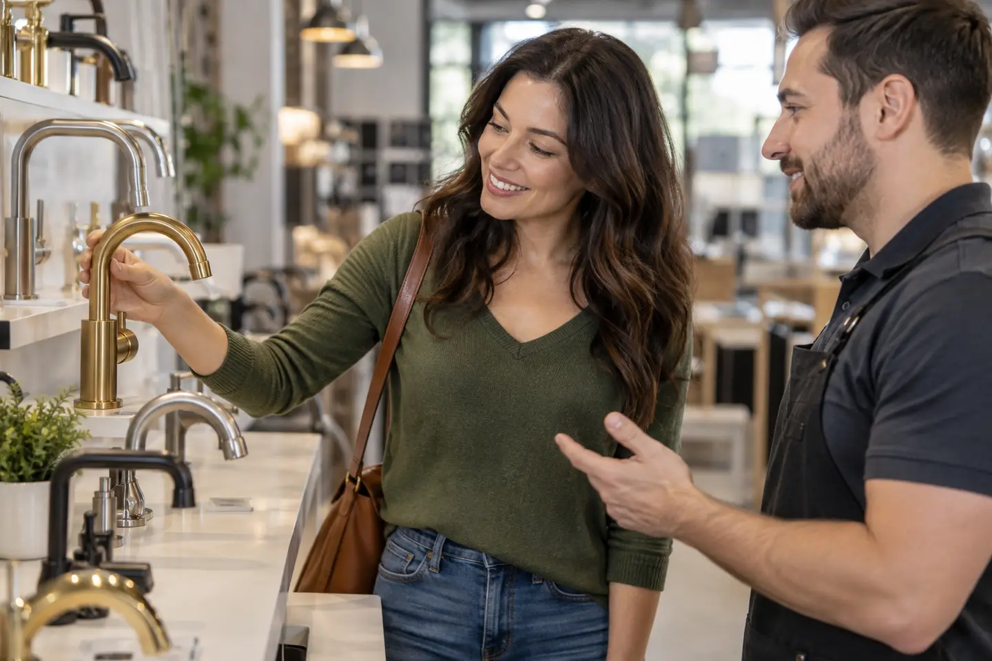 A homeowner choosing a faucet in a showroom