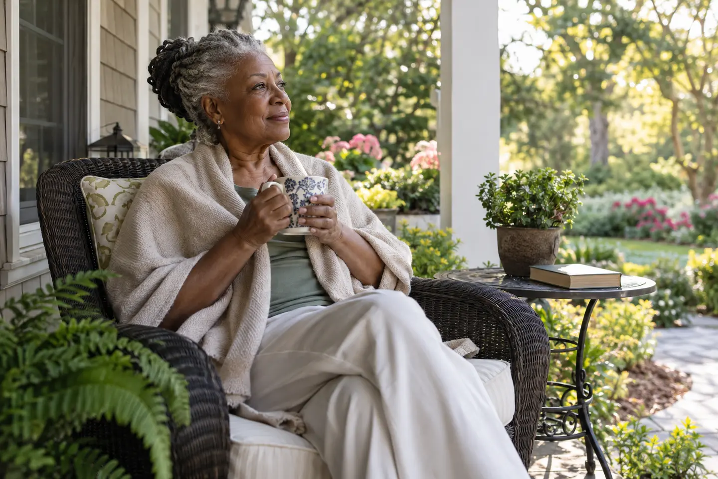 An older woman enjoying tea on her porch
