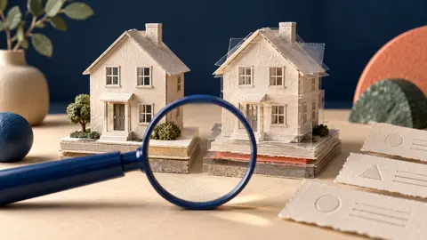 Conceptual illustration of a magnifying glass examining two similar paper houses, one layered with transparent sheets