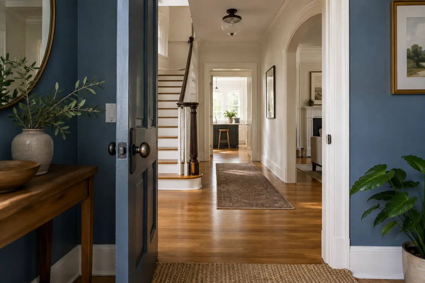 An open doorway connecting rooms in a renovated home
