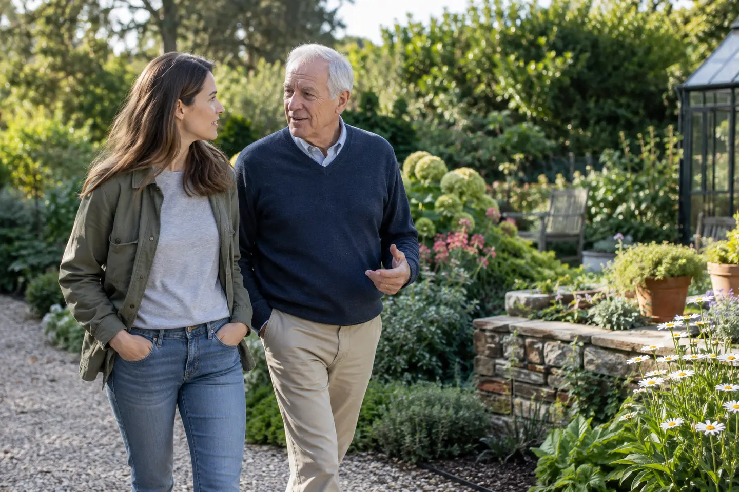 An adult daughter and her father talking in a garden