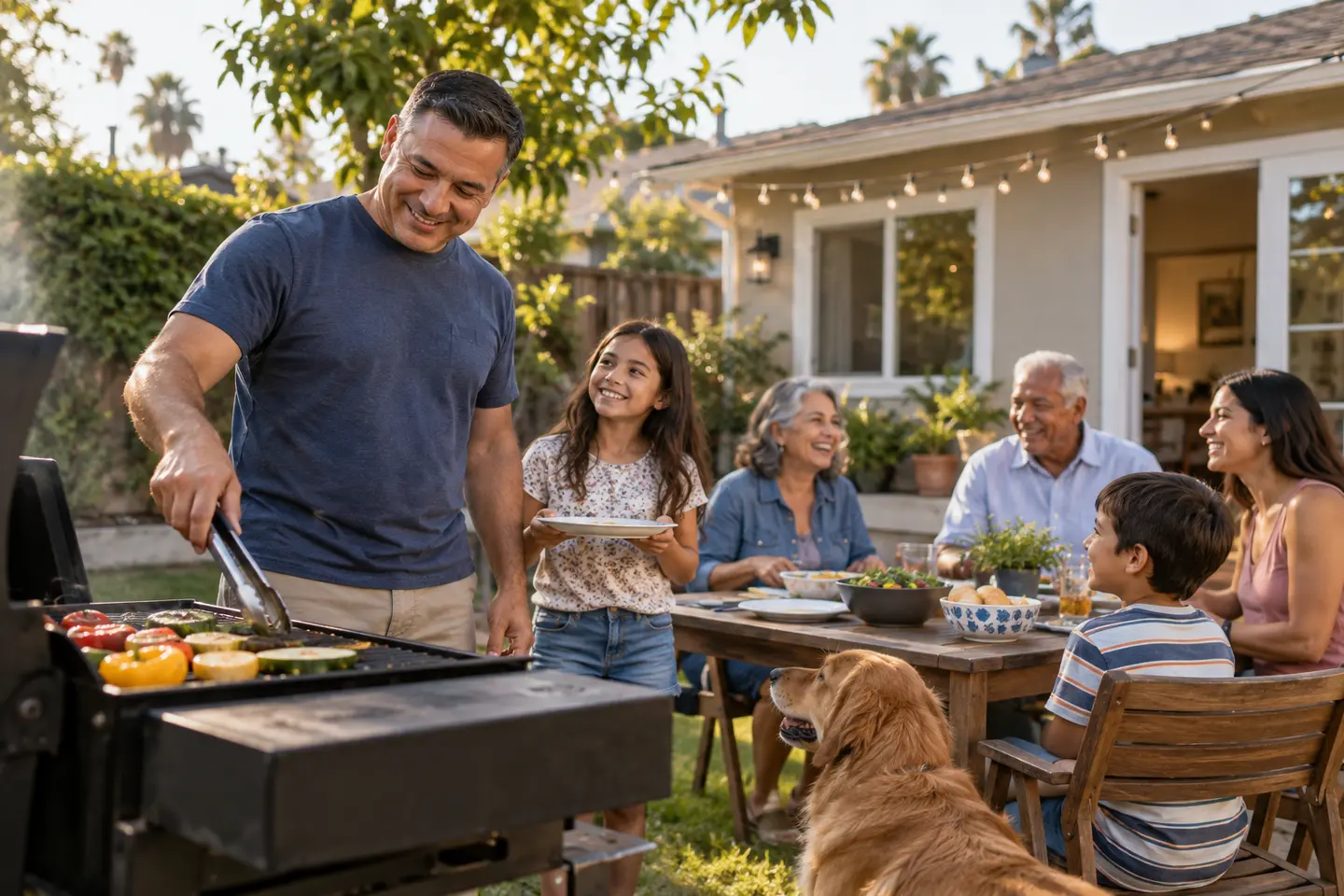 A family sharing a backyard barbecue
