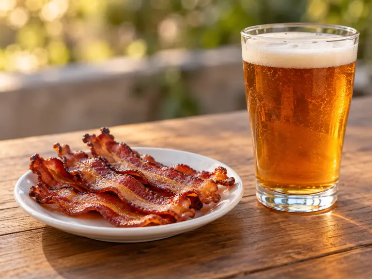 Illustrative bacon and a glass of beer.